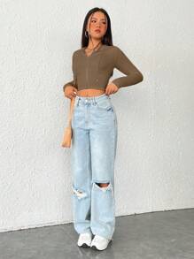 SHEIN EZwear Dây kéo Dây rút Áo hoodie ngắn - màu nâu - Xem 3