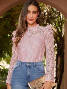 SHEIN Clasi Mock Neck Puff Sleeve Lace Top - Pink - View 3