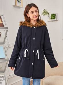 SHEIN 青少年女孩腰部抽繩毛茸邊連帽加絨內裏外套