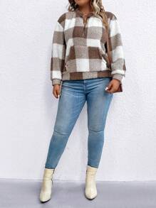 SHEIN LUNE Plus Buffalo Plaid Print Half Zip Teddy Sweatshirt - Coffee Brown - View 3