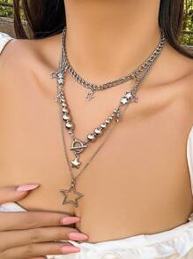 ROMWE Goth 3pcs Fashion Zinc Alloy Star Charm Necklace For Women For Daily Decoration - Silver - View 2