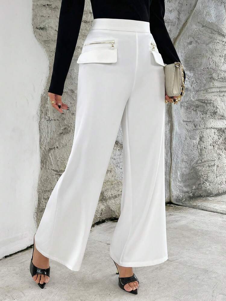 High Waist Flap Detail Wide Leg Pants