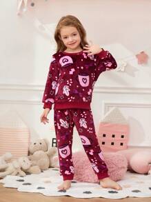 Young Girl Star & Leaf Print PJ Set - Burgundy - View 3