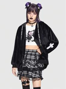 ROMWE Kawaii Cross Embroidery Letter Graphic Drawstring Zip Up Velvet Hooded Jacket - Black - View 1