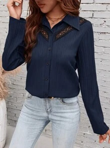 SHEIN LUNE Guipure Lace Insert Button Front Shirt - Navy Blue - View 1