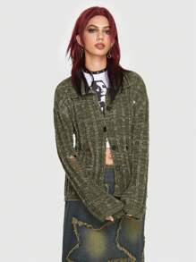 ROMWE Grunge Punk Space Dye Drop Shoulder Cardigan - Green - View 1