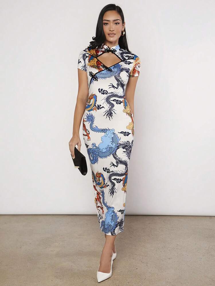Chinese Dragon Print Cut Out Front Bodycon Dress