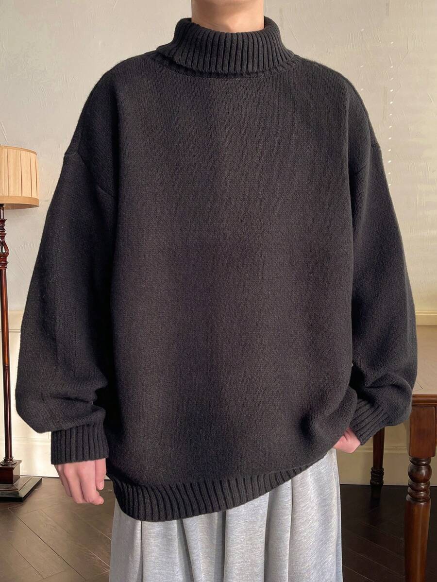 Men Turtleneck Drop Shoulder Sweater - Black - View 1