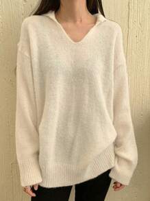DAZY Solid Drop Shoulder Sweater Fall - White - View 1