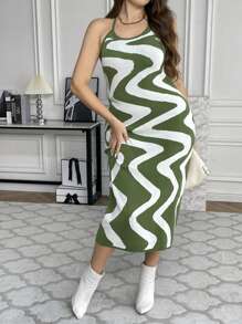 Flirla Plus Wave Striped Pattern Halter Sweater Dress - Multicolor - View 3