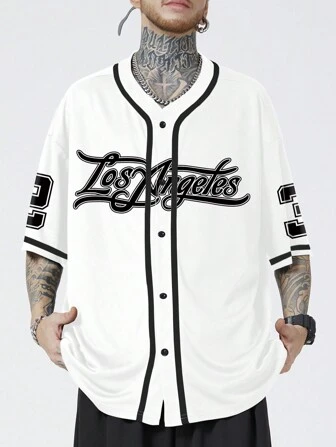 Prep Men Short Sleeve Baseball Shirt Contrast Trim Letter Print, School