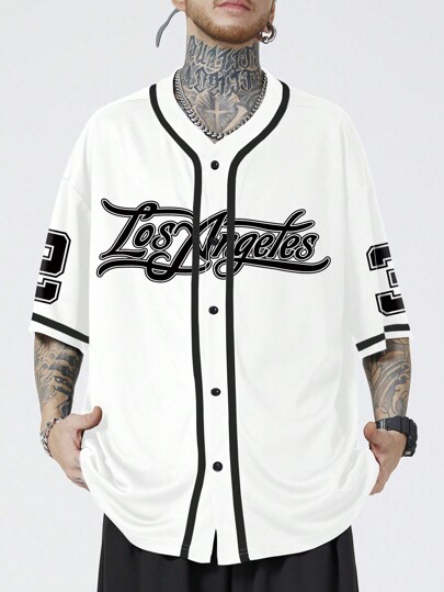 Prep Maglietta baseball a maniche corte da uomo, con bordi a contrasto e stampa di lettere, adatta per la scuola