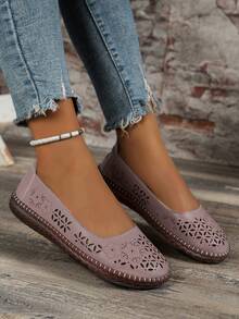 透氣中空女士便鞋,時尚優雅軟底軟面媽媽鞋,舒適休閒平底鞋