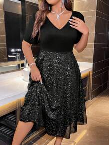 Plus Dalmatian Print V Neck Dress - Black - View 3