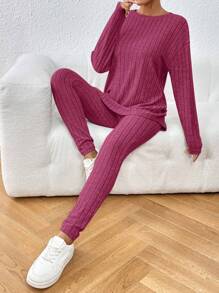 SHEIN Frenchy 落肩袖下擺開叉T恤和緊身褲