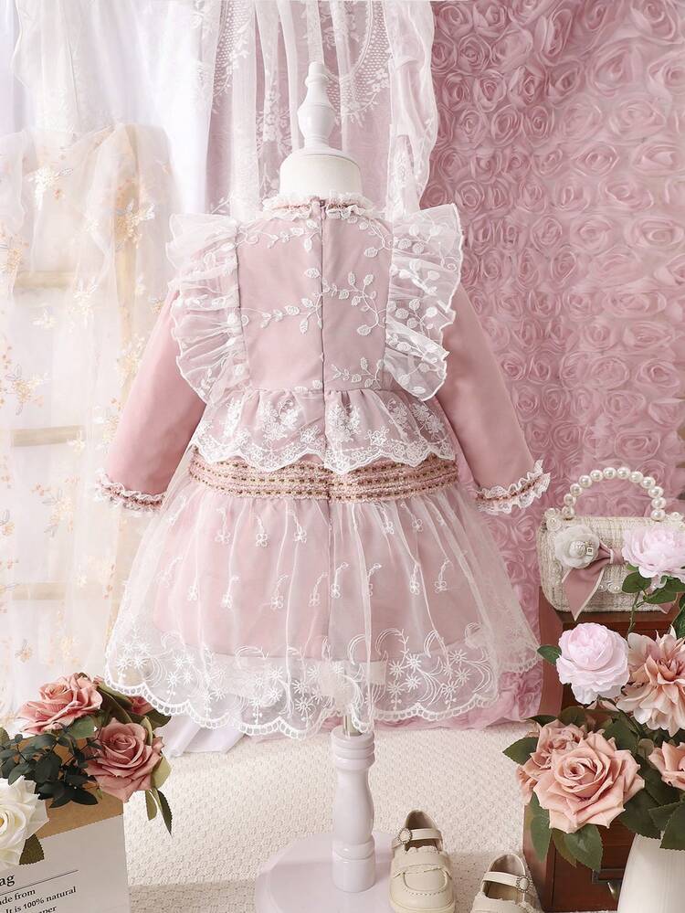 Baby Girl Bow Front Ruffle Trim Contrast Lace Dress