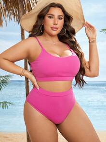 SHEIN Swim Curve Plus Solid High Waisted Bikini Set - Hot Pink - View 3