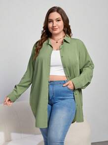 SHEIN Essnce 纯色正面纽扣衬衫 - 綠色 - 查看 5