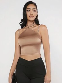 EastFlair Faux Pearls Beaded Strap Crop Top