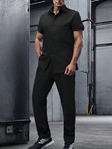 Manfinity Homme Men Solid Shirt & Drawstring Waist Pants Without Tee - Black - View 3