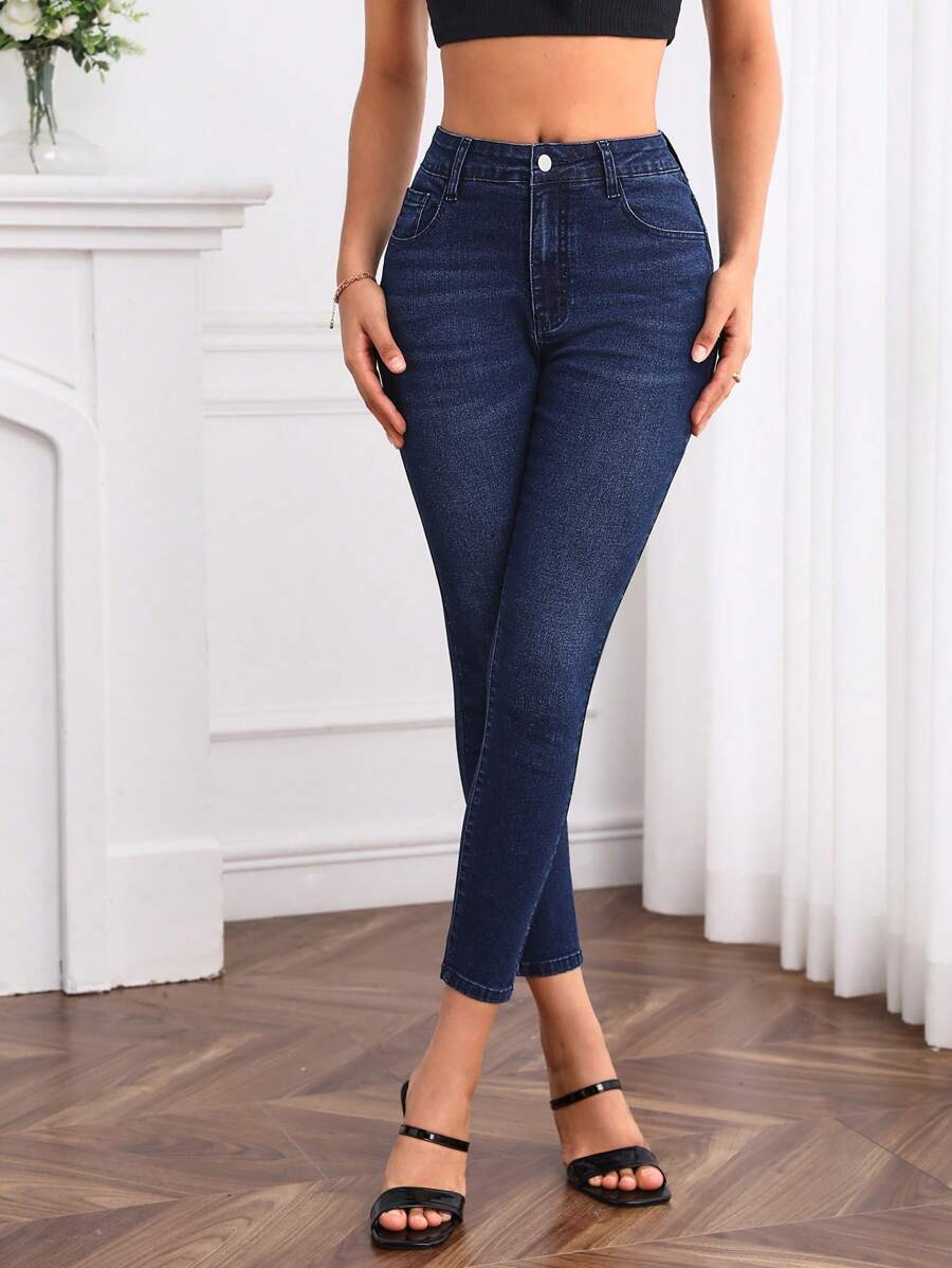 SHEIN Privé Cao eo Gầy Quần skinny Quần jean - Rửa tối - Xem 1