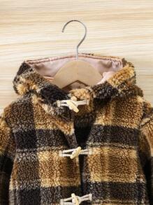 Young Boy Plaid Pattern Hooded Duffle Teddy Coat - Multicolor - View 3