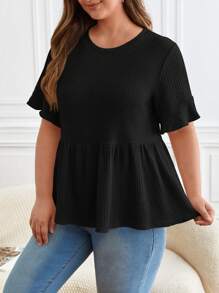 SHEIN Frenchy Plus Waffle Knit Flounce Sleeve Peplum Tee