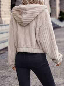 SHEIN Frenchy Zip Up Drop Shoulder Hooded Flannel Jacket In Fall/Winter Casual - Apricot - View 2