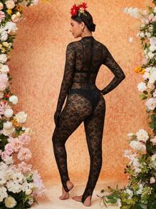 LEYU Designer Mock Neck Stirrup Hem Lace Unitard Jumpsuit Without Lingerie Set, Fall Women Clothes, For Autumn, Holiday - Black - View 2