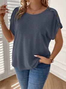 SHEIN Clasi Plus Button Detail Batwing Sleeve Tee - Navy Blue - View 7