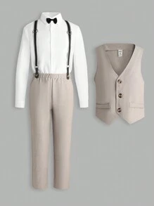 Manfinity 男士素色襯衫和夾克背心和褲子和背帶和領結 - 卡其色 - 查看 3