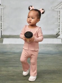 SHEIN Baby Girl Solid Tee & Flare Leg Pants - Pink - View 3