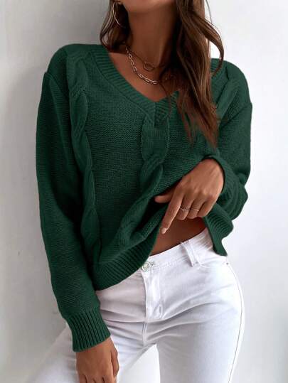 EMERY ROSE Jednolity Dzianina kablowa V Dekolt Swetry