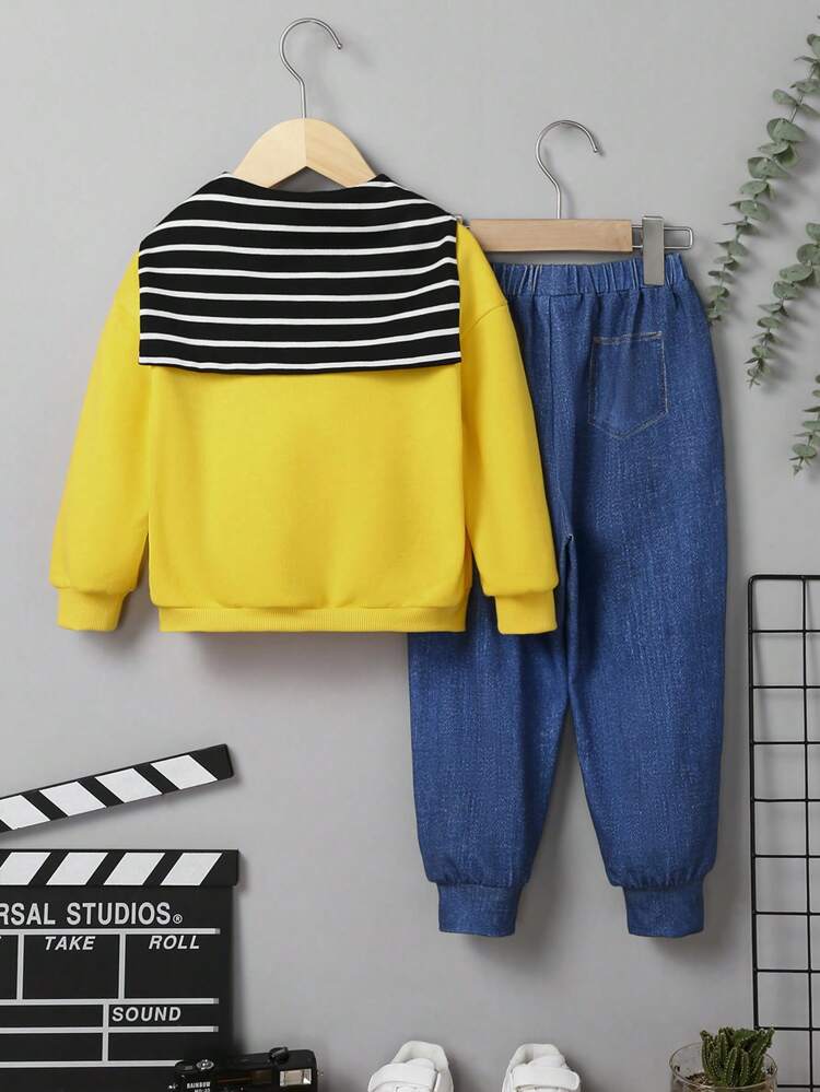 Young Boy Letter Patched Pullover & Denim Effect Pants & Striped Shawl