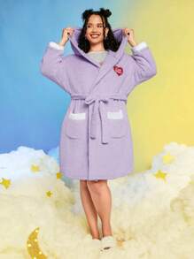 SHEIN X Care Bears Cộng với thêu chữ Thiết kế tai kép 3D có mũ trùm đầu có thắt lưng Áo choàng flannel - Màu tím - Xem 5