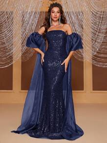 YISIKADO Off Shoulder Contrast Sequin Formal Dress - Navy Blue - View 1