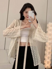 DAZY Tie Front Bell Sleeve Jacquard Blouse - Beige - View 5