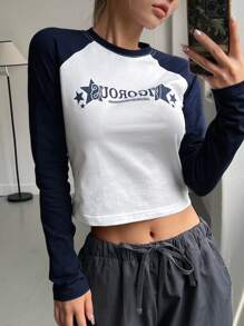 DAZY Camiseta con estampado de letra de manga raglán - Blanco - Ver 1