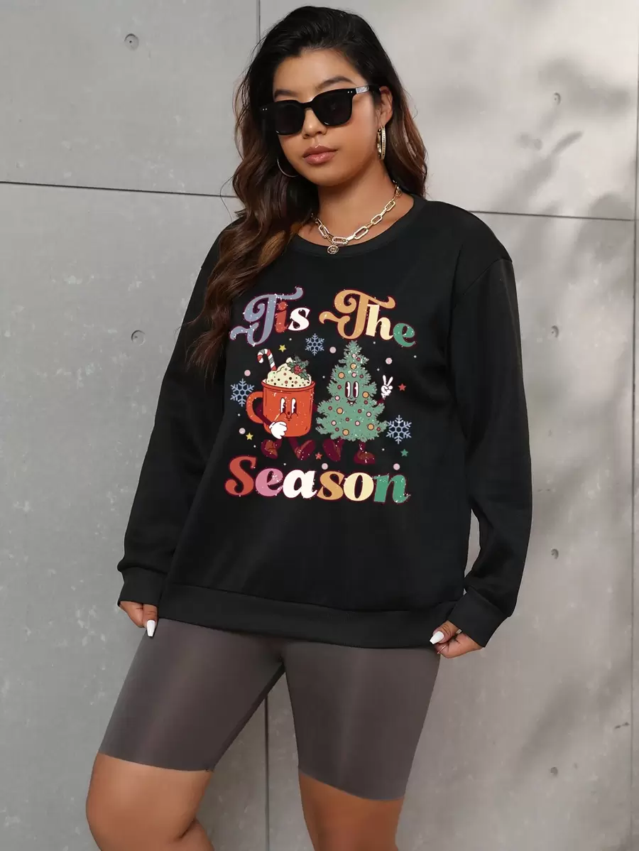 Flirla Plus Cartoon & Letter Graphic Drop Shoulder Sweatshirt Pullover Fall Sweatshirt - Black - View 1