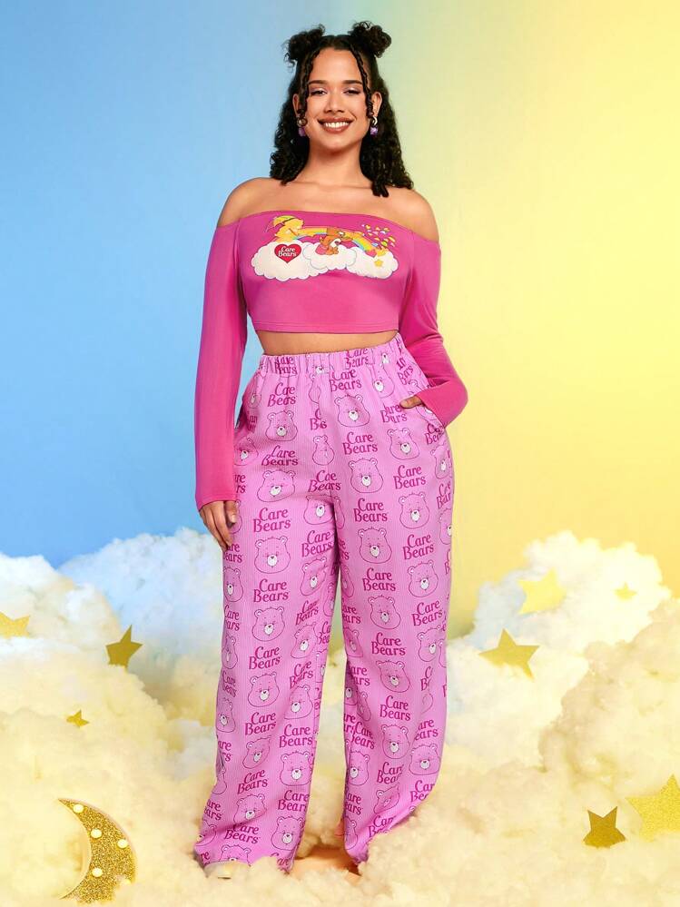 SHEIN X Care Bears Talla grande Pantalones de pierna ancha con estampado de letra - Rosa - Ver 1