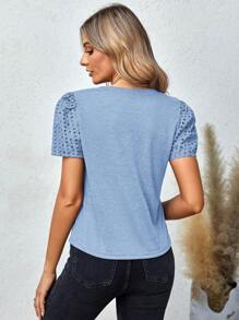 SHEIN LUNE Eyelet Embroidery Puff Sleeve Tee - Baby Blue - View 2
