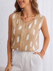 SHEIN Clasi Geo Print Press Crease Blouse - Khaki - View 1