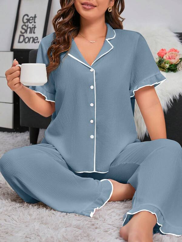 Set pijama/pijama în față cu buton de legare în contrast