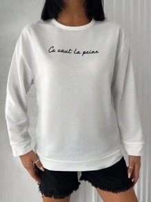 EURMUSE Letter Graphic Drop Shoulder Sweatshirt - White - View 4