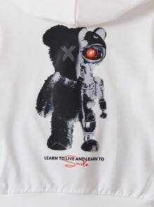 SHEIN Hooded Mechanic Bear Print Pullover Sweatshirt For Young Boys, Spring/Autumn - White - View 6