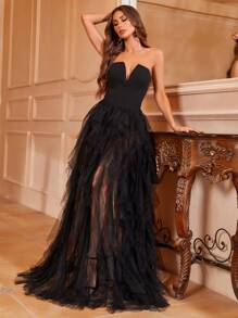 优雅迷人的露肩缺口领口礼服，搭配多层薄纱裙和超高开衩 - 拼接网眼面料晚礼服，适合庆典、婚礼和夏季派对（季节性） - 黑色 - 查看 3