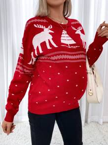 SHEIN Maternity Christmas Pattern Drop Shoulder Sweater, For Winter - Red and White - View 5