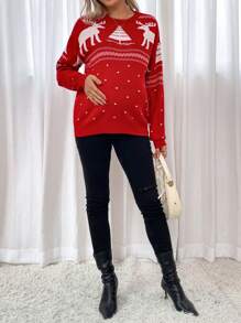 SHEIN Maternity Christmas Pattern Drop Shoulder Sweater, For Winter - Red and White - View 6