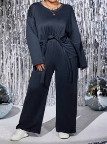 SHEIN LUNE Plus Drop Shoulder Asymmetrical Hem Top & Pants