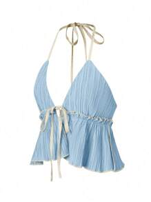 GlowEve Tie Front Ruffle Hem Halter Top - Blue - View 6